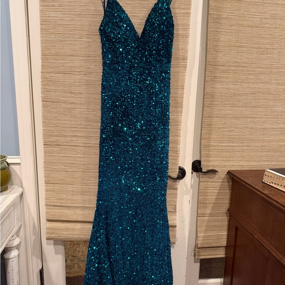 Baltic Born Teal Sequin V-Neck Mermaid Gown - Picture 4 of 12